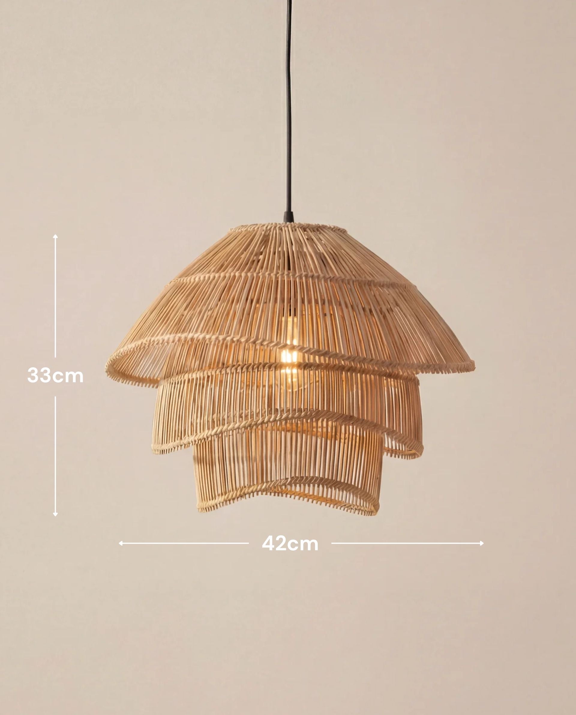 Woven pendant light with dimensions on a beige background