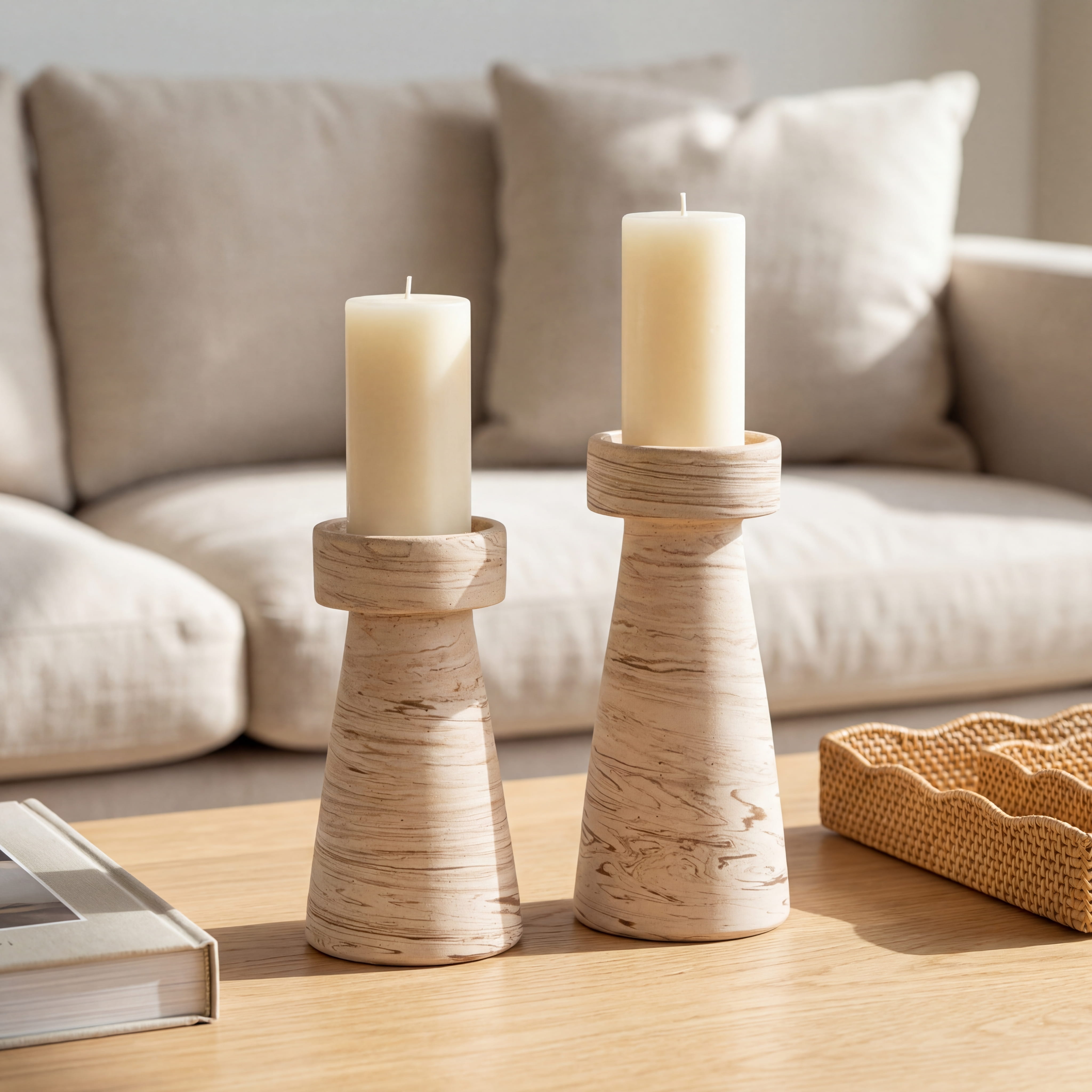 Two candle holders with candles on a table in a living room setting.