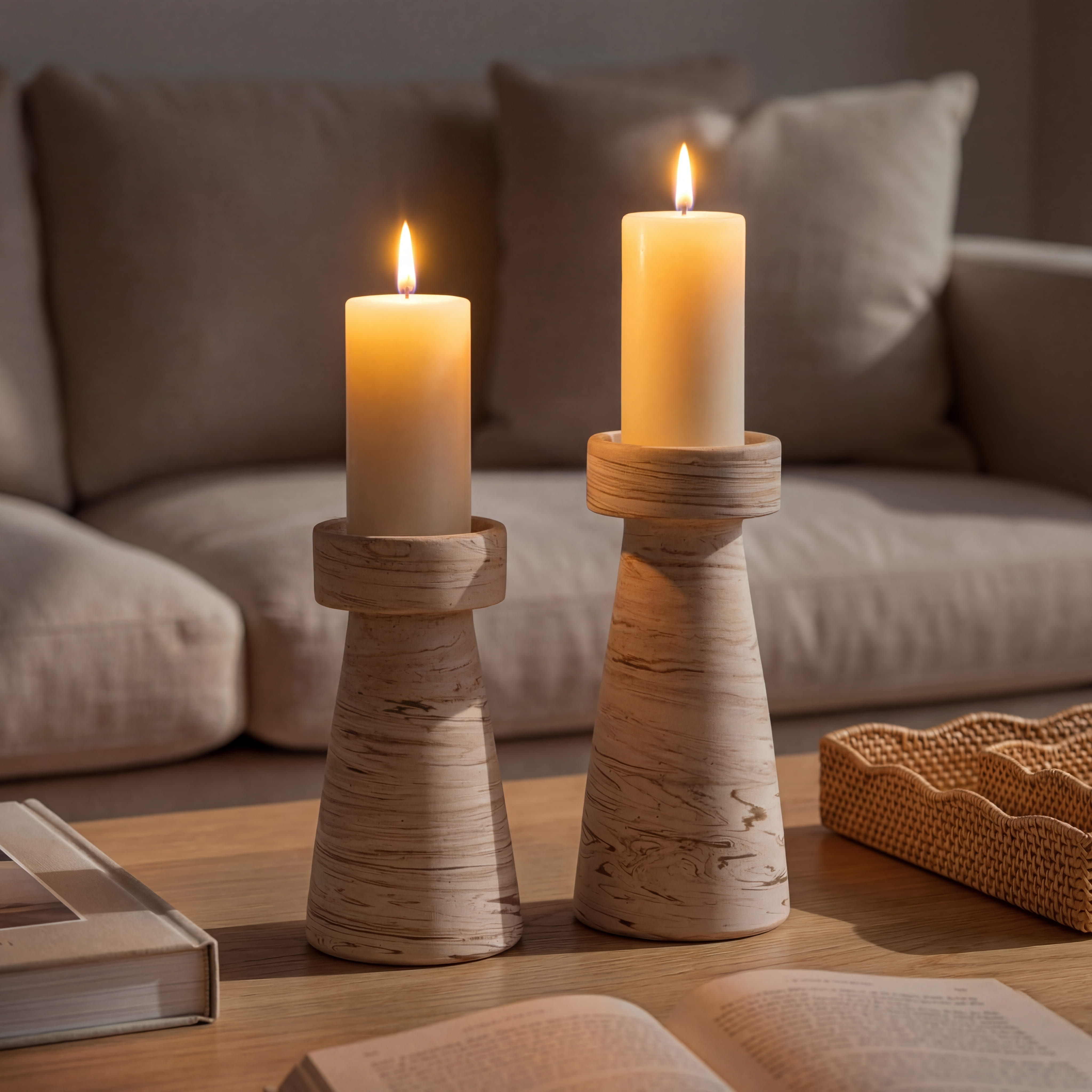 Two lit candles in wooden holders on a table with a blurred sofa in the background