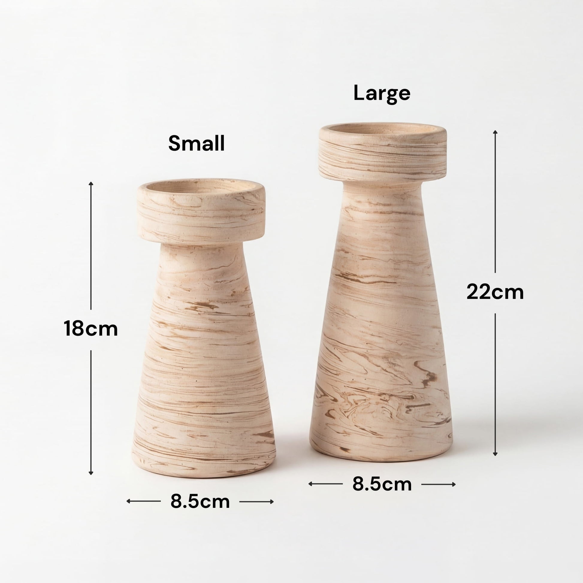 Two wooden candle holders, one small and one large, with measurements indicated on a white background.
