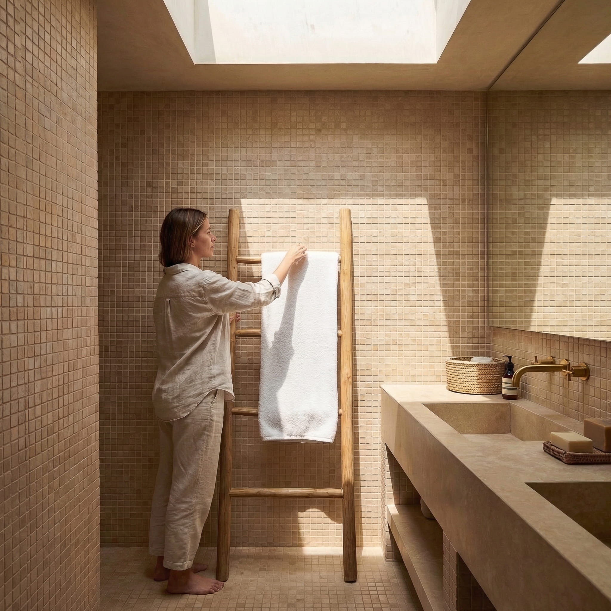 Woman hanging a towel in a modern bathroom with tiled walls and a sink.