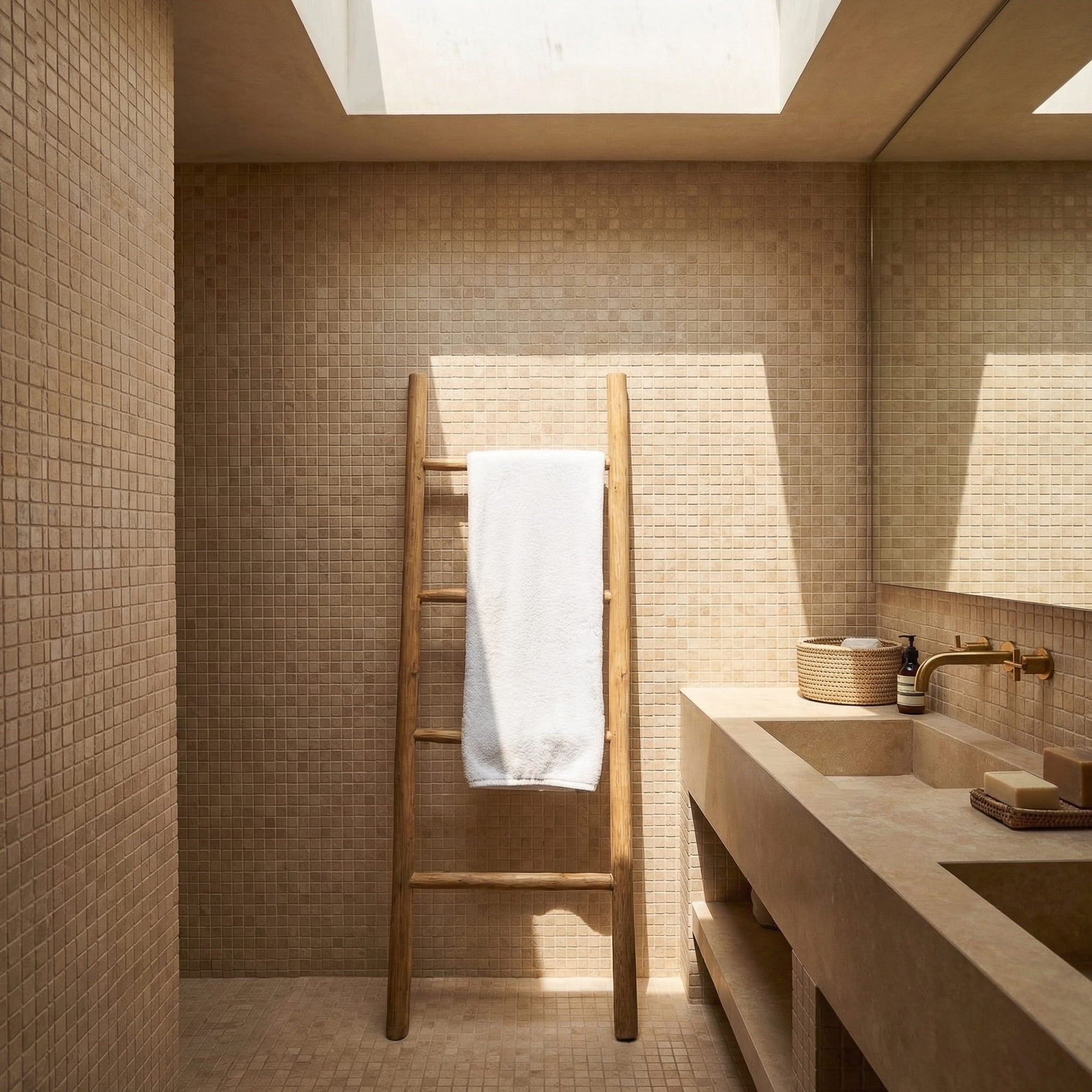 Bathroom with wooden ladder, white towel, and sink area.