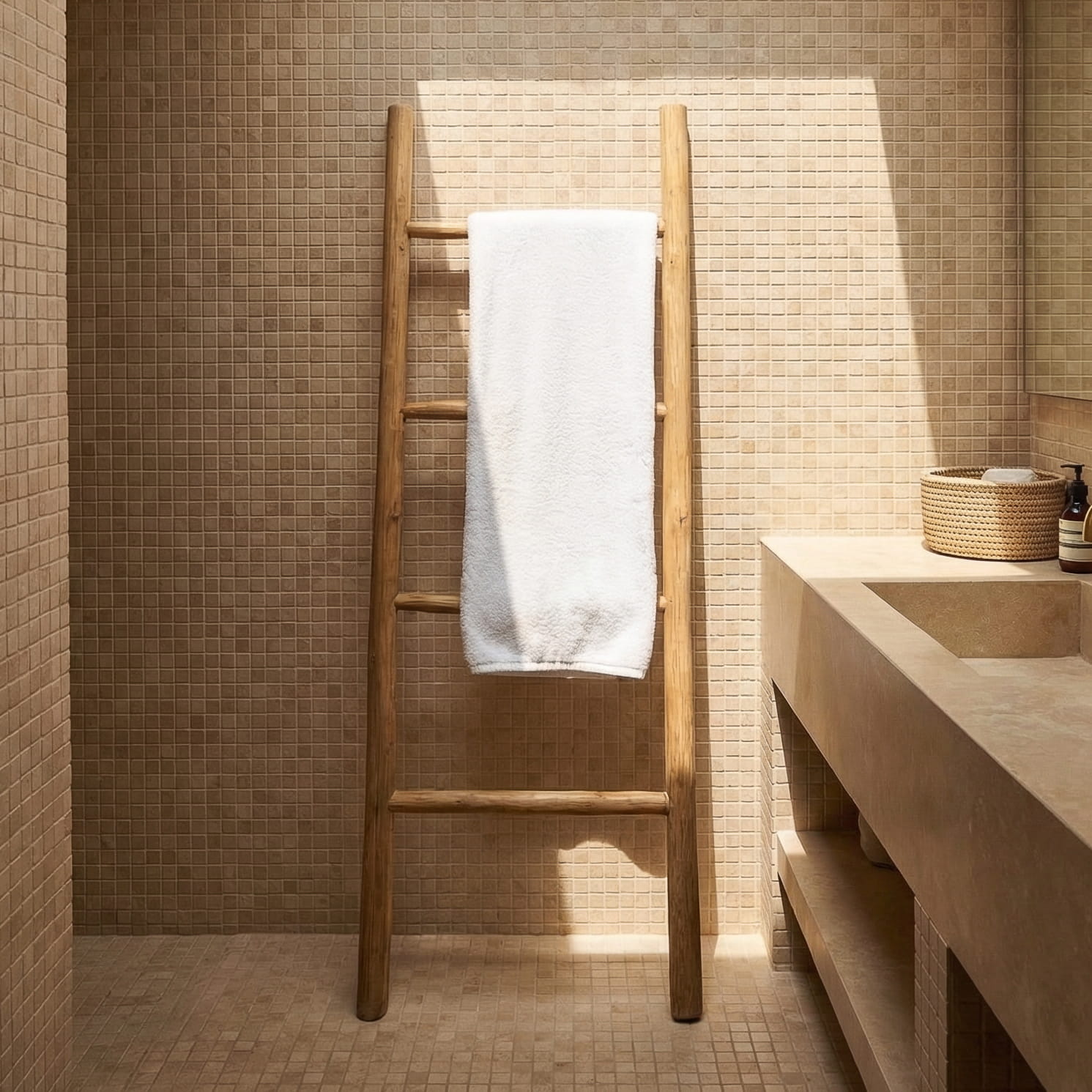 Bathroom with wooden towel ladder and white towel, tiled walls, and a sink.