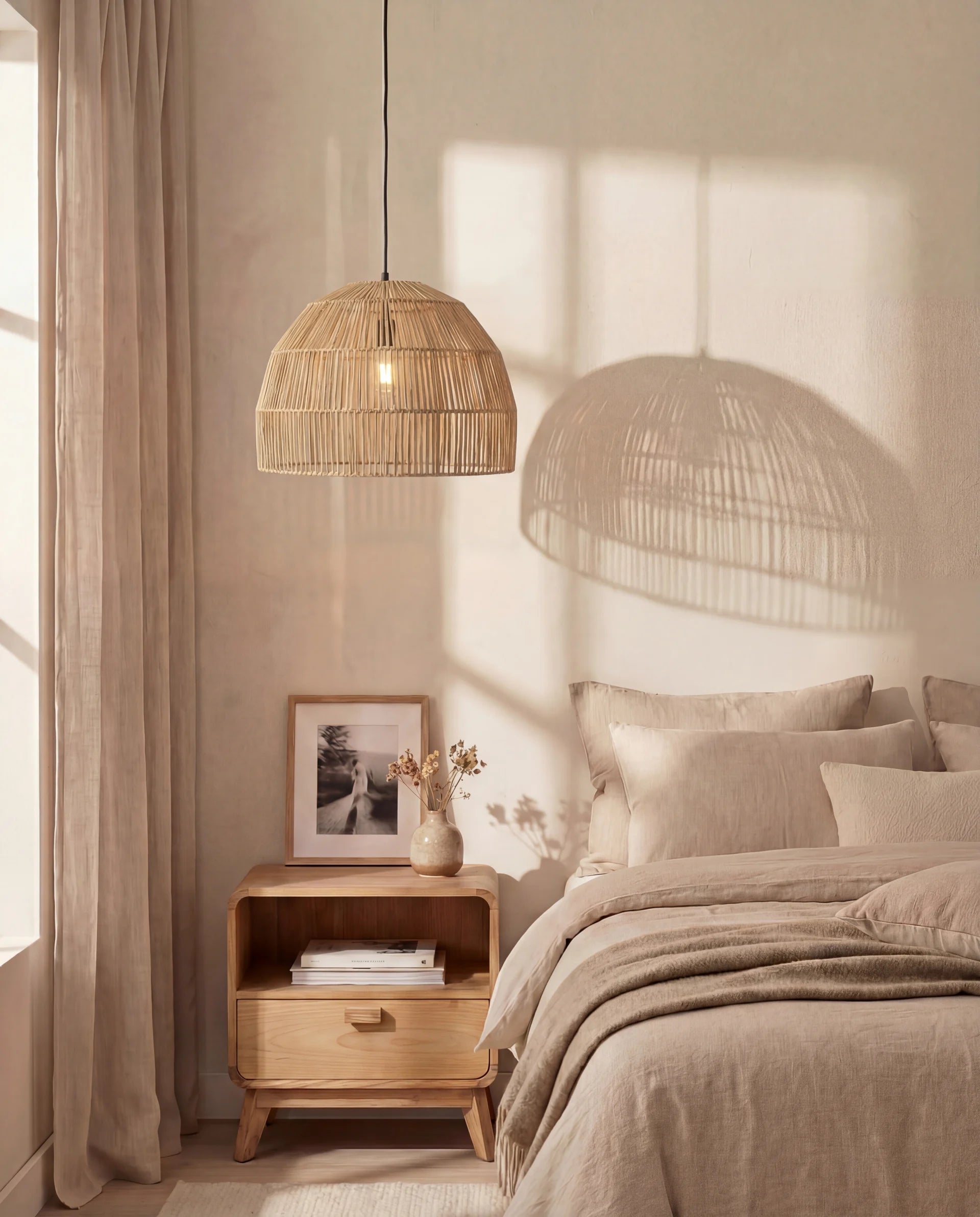 Cozy bedroom with wooden nightstand, bed with beige bedding, and woven pendant lights.