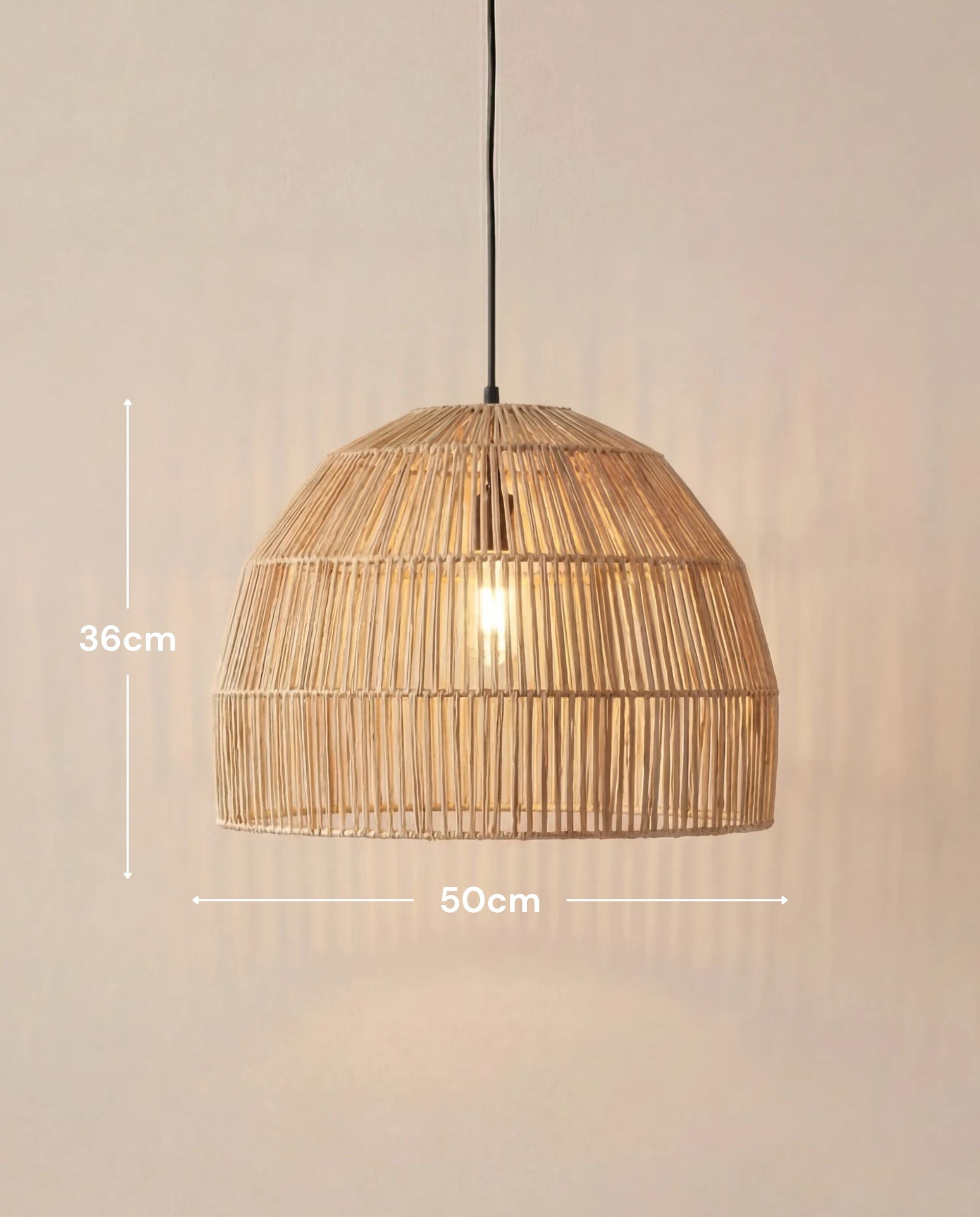 Woven pendant light with dimensions on a neutral background