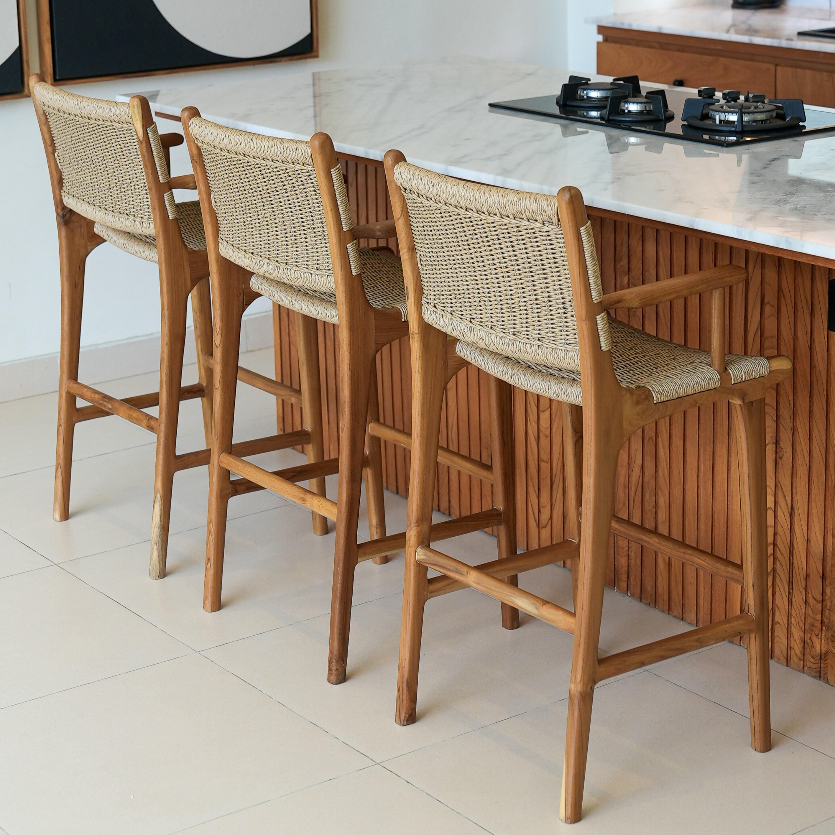 Zara Teak & Rattan Bar Stool With Armrest