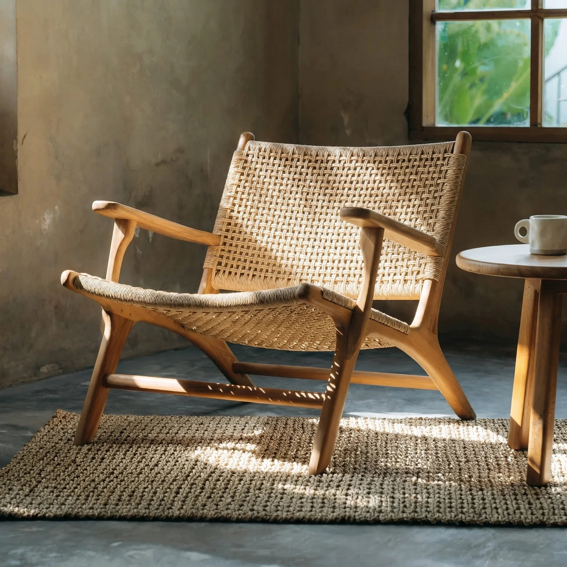 Rattan armchair in a room with a window and small table