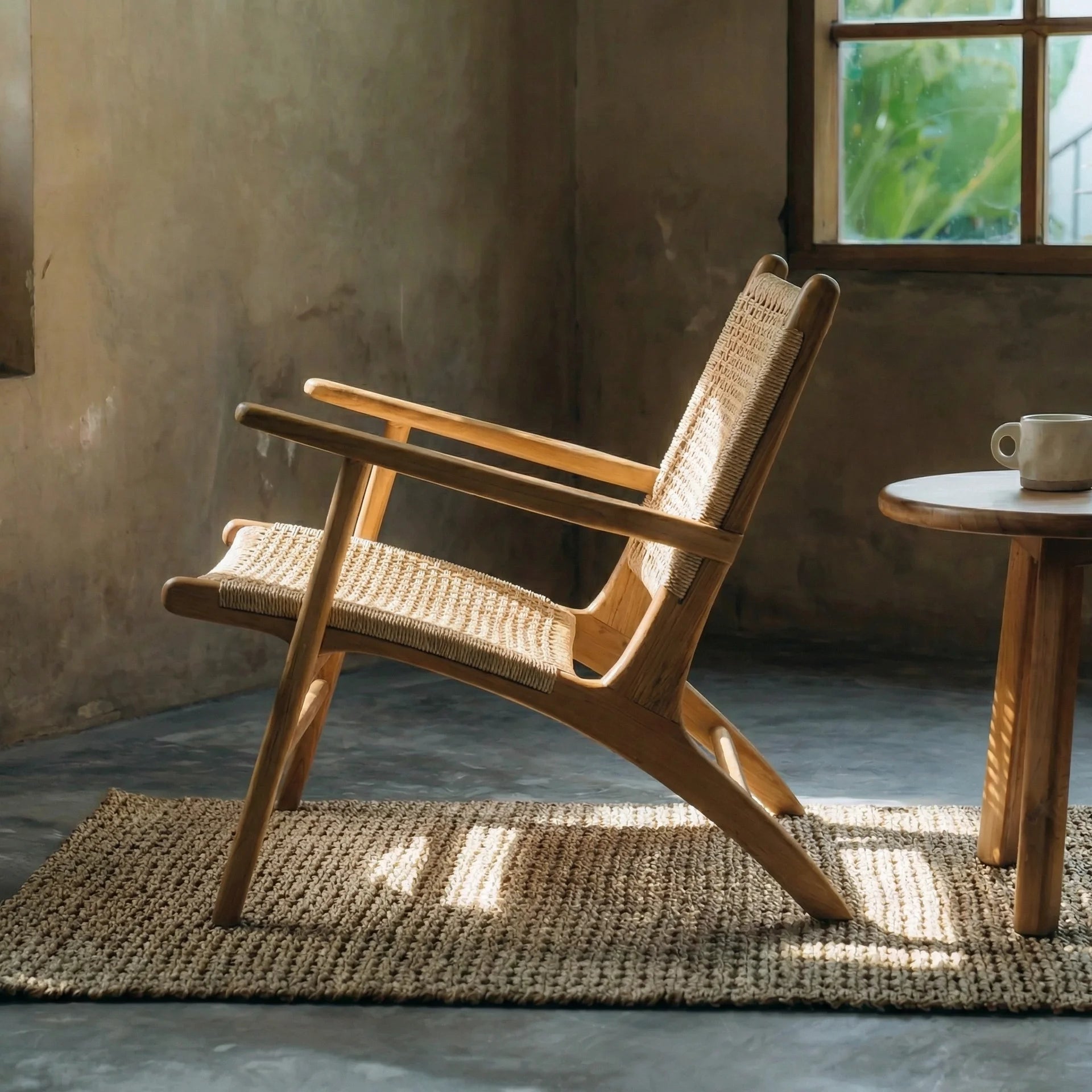 Rattan armchair in a room with a window and small table with a coffee cup