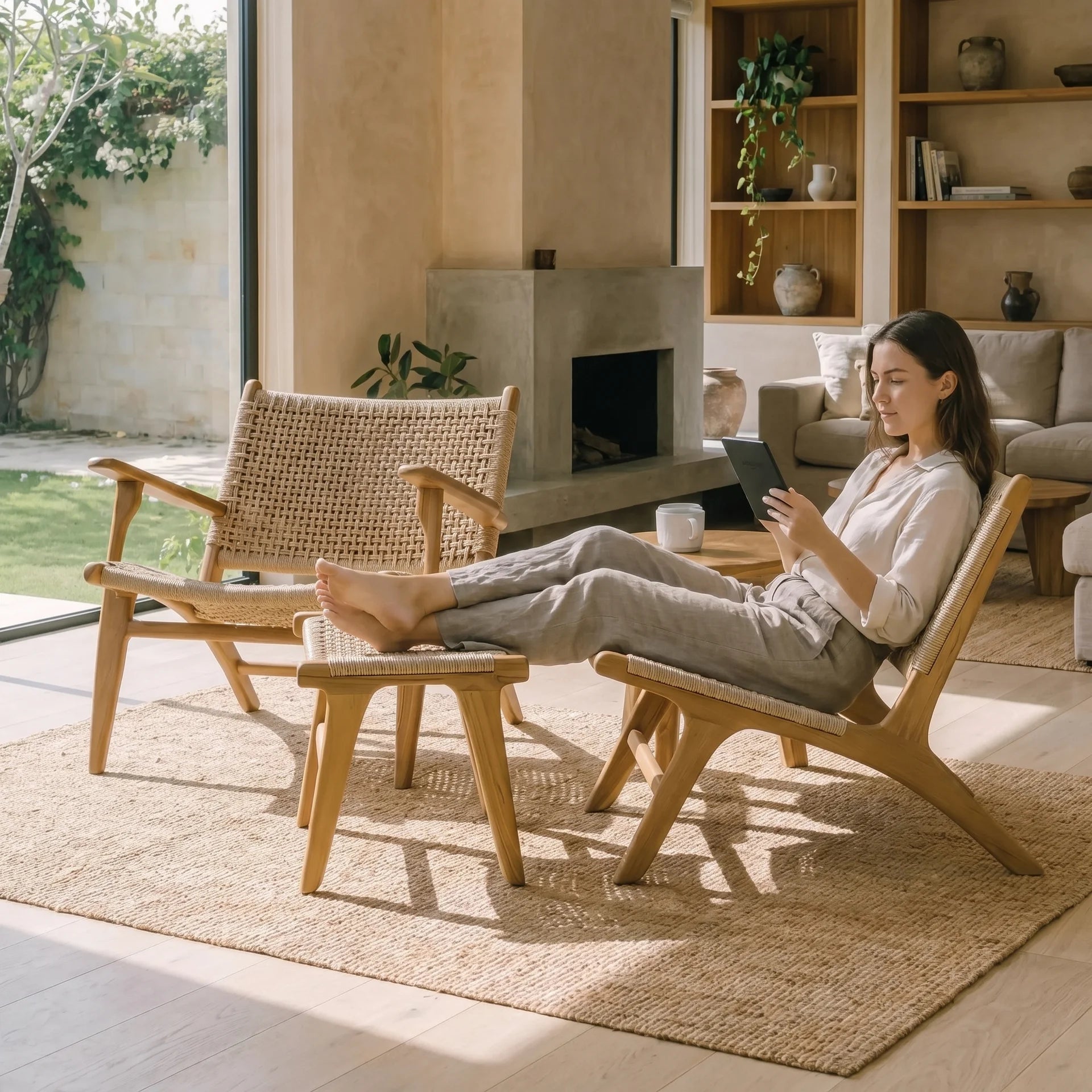 Woman sitting in a wooden chair in a modern living room with a fireplace and bookshelf.