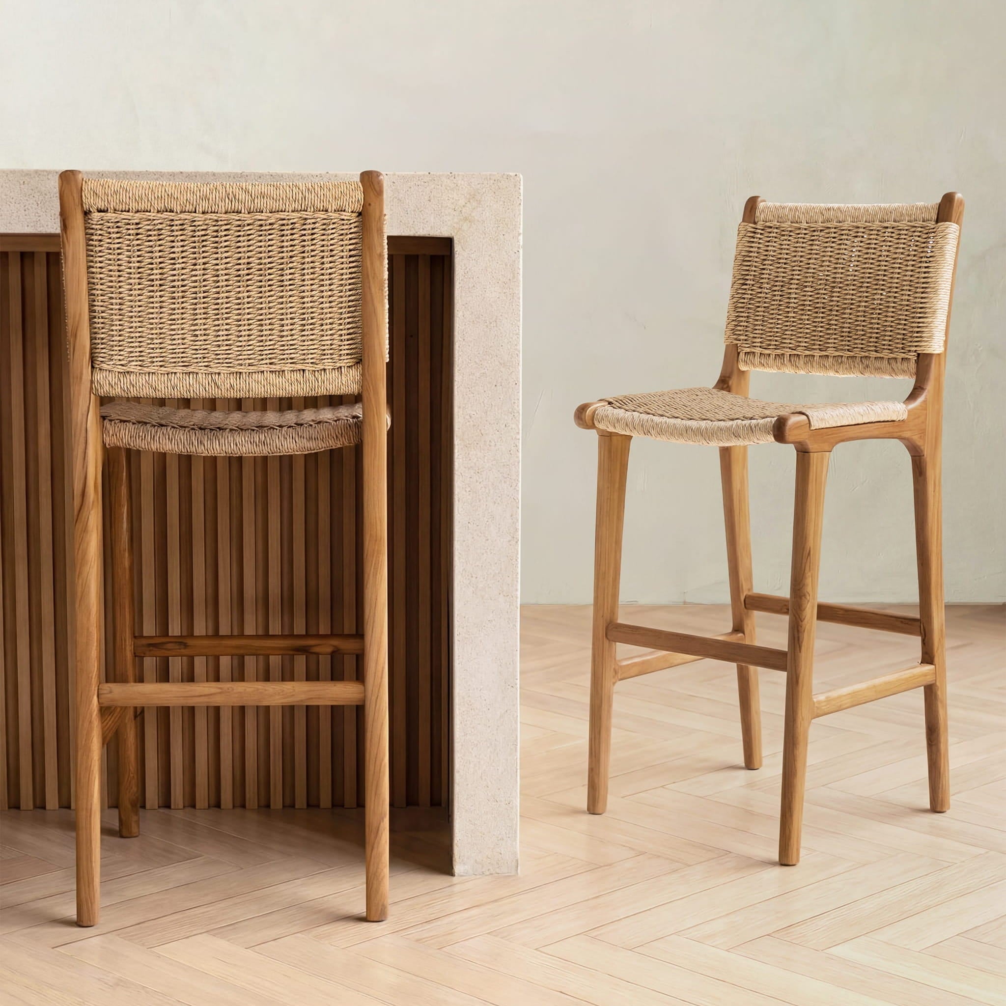 Woven chair with wooden frame in a minimalistic setting