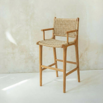 Zara Teak & Rattan Bar Stool With Armrest