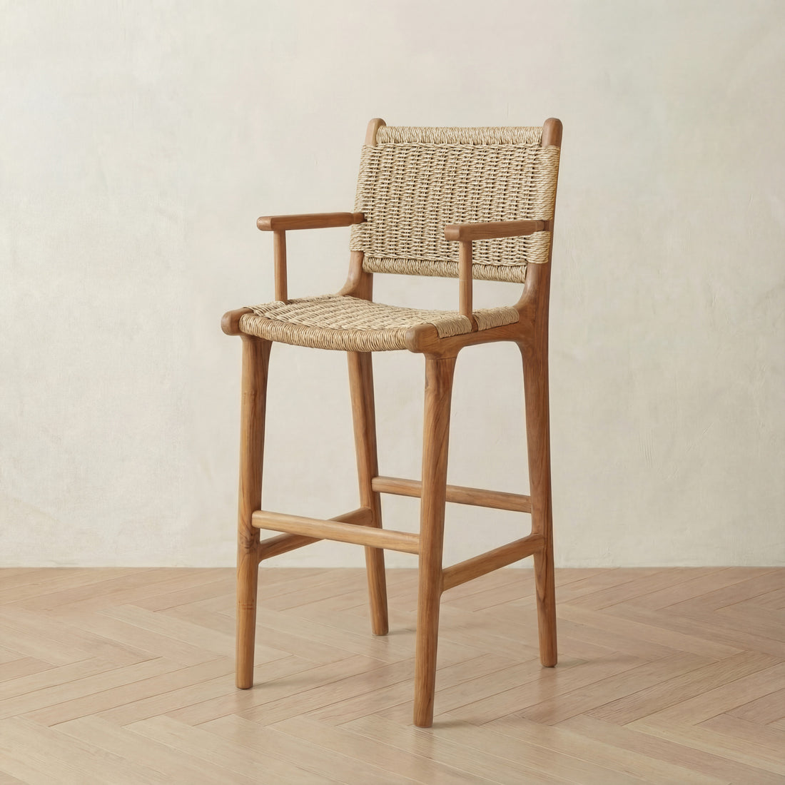 Zara Teak & Rattan Bar Stool With Armrest