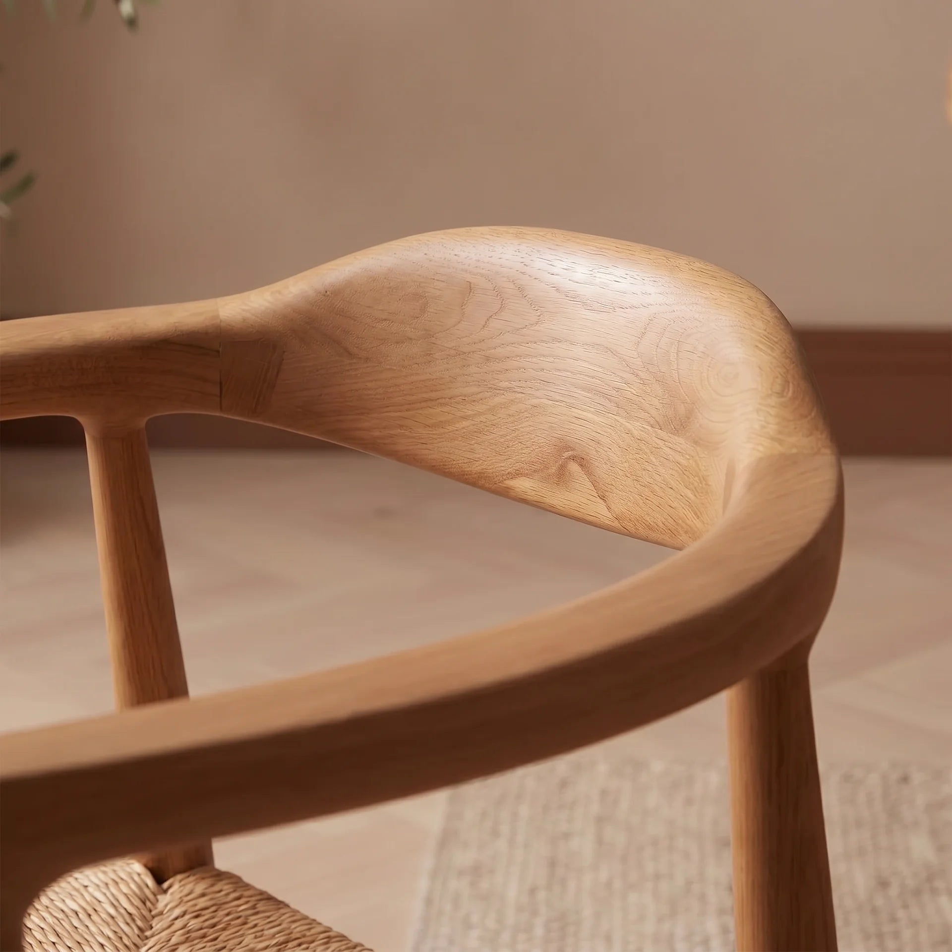 Close-up of a wooden chair with a blurred background