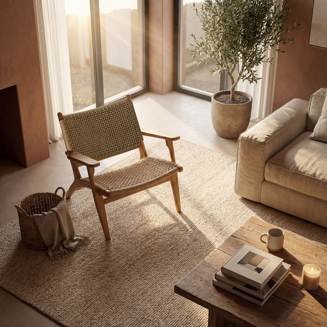 rattan accent chair in soft living room light