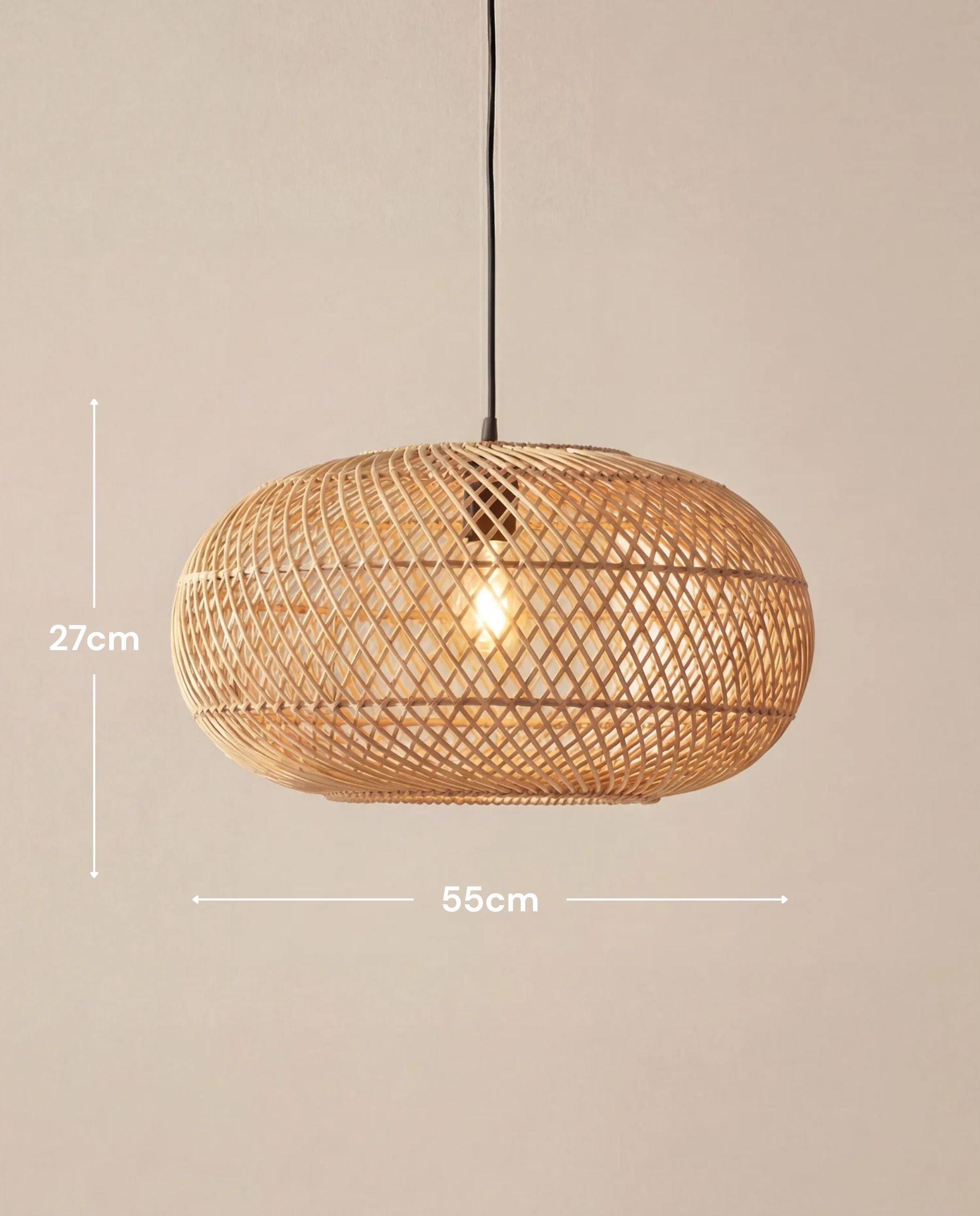 Woven pendant light with dimensions on a beige background