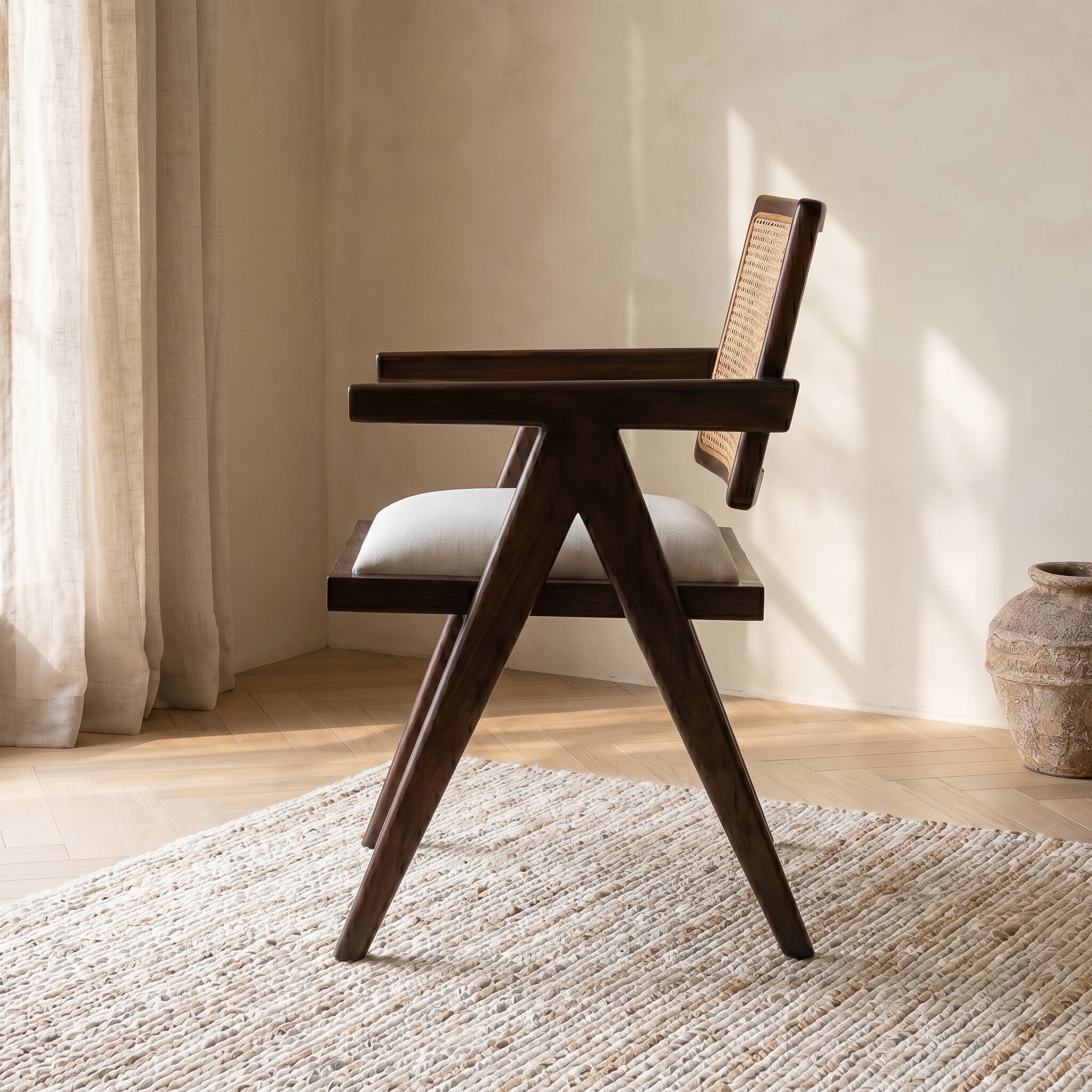 Wooden chair with woven backrest in a room with light-colored walls and wooden floor.