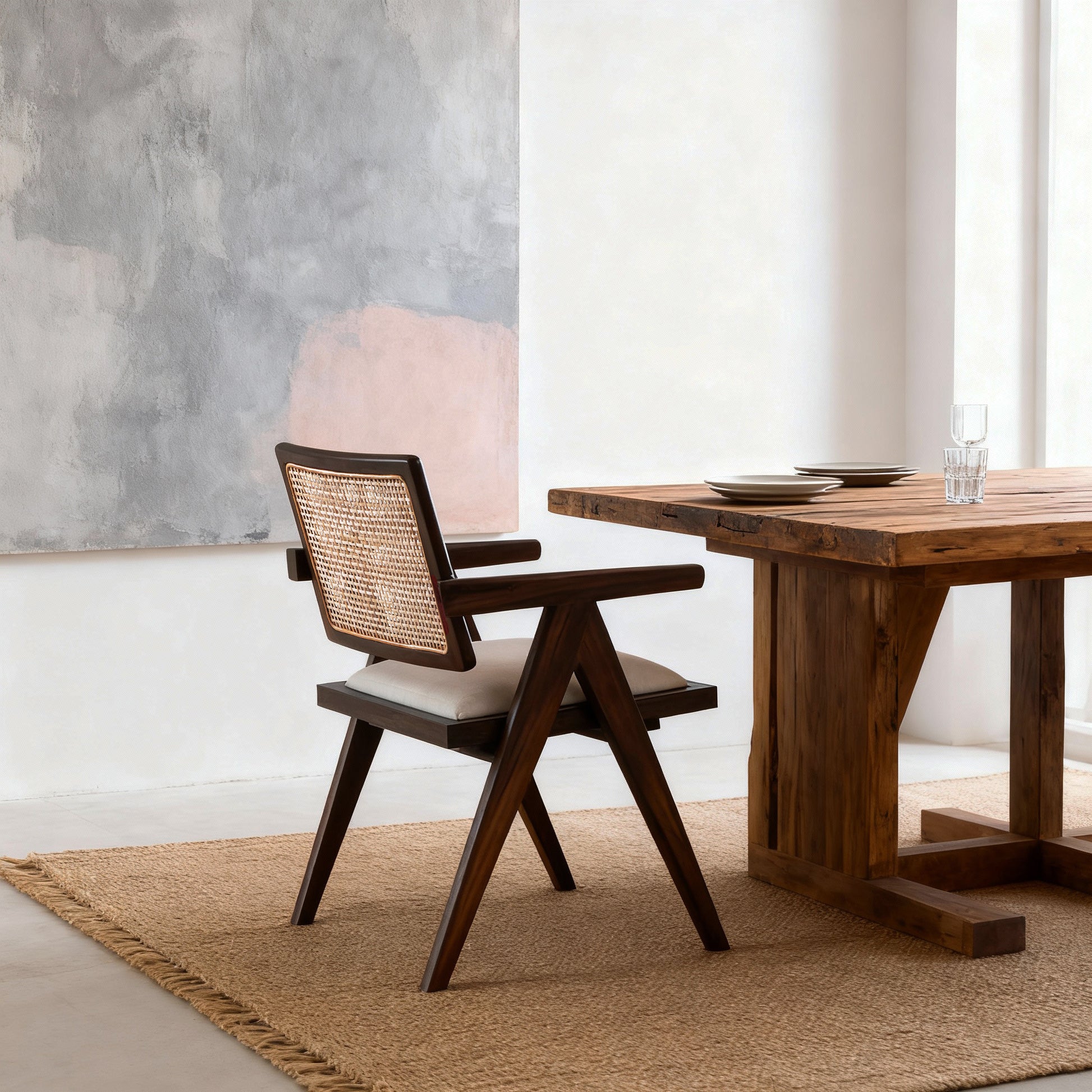 Wooden chair with woven backrest next to a wooden dining table in a room with a textured wall and rug.