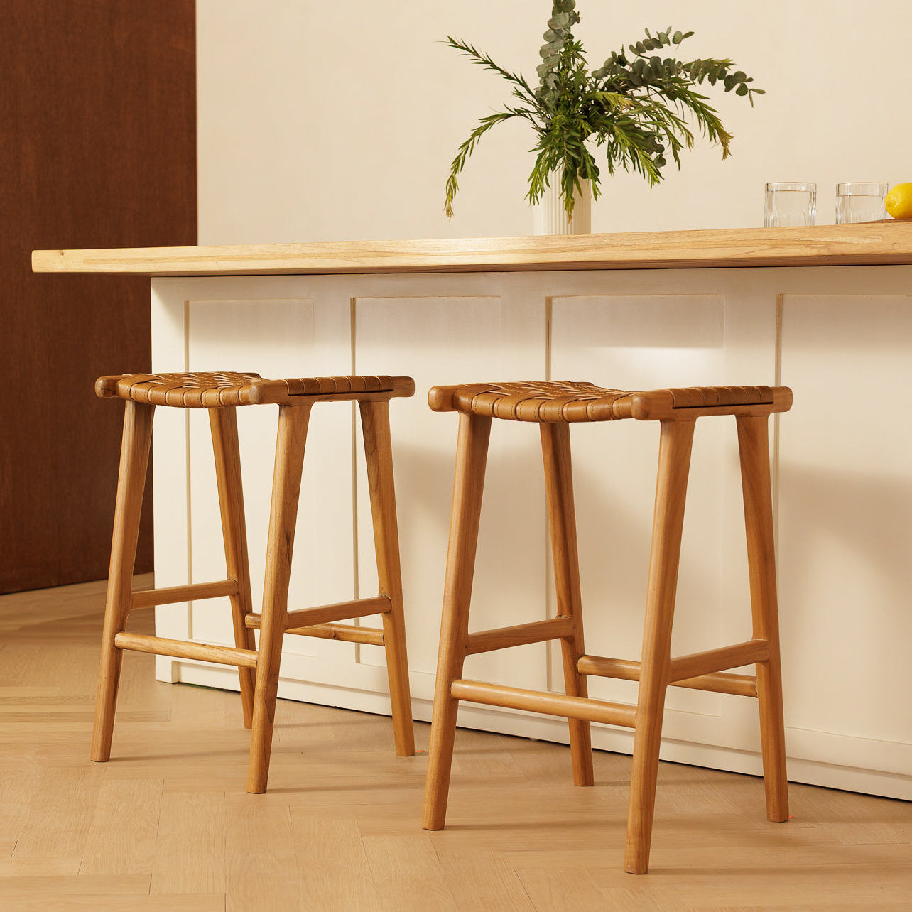 Senari Backless Teak & Leather Bar Stool