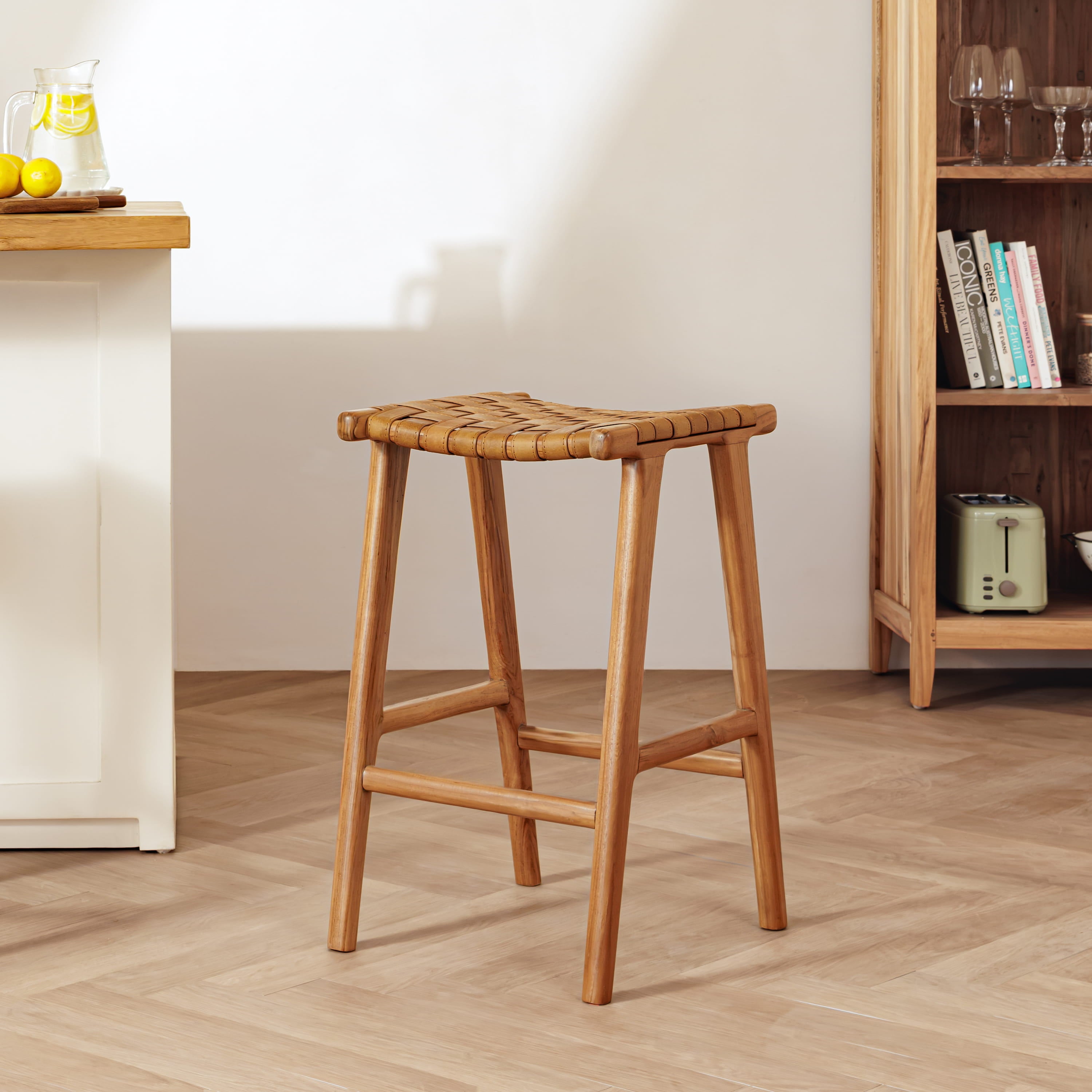 Senari Backless Teak & Leather Bar Stool