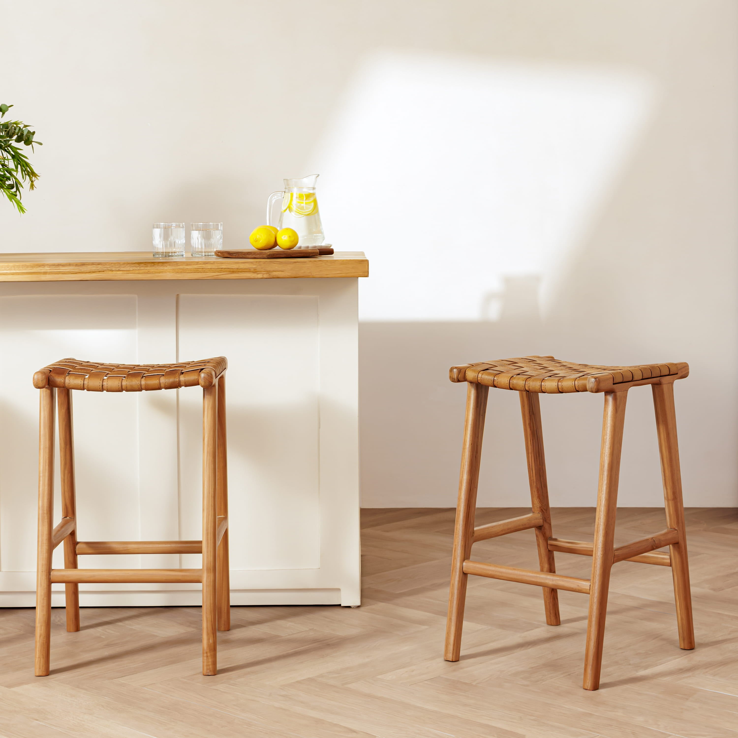Senari Backless Teak & Leather Bar Stool