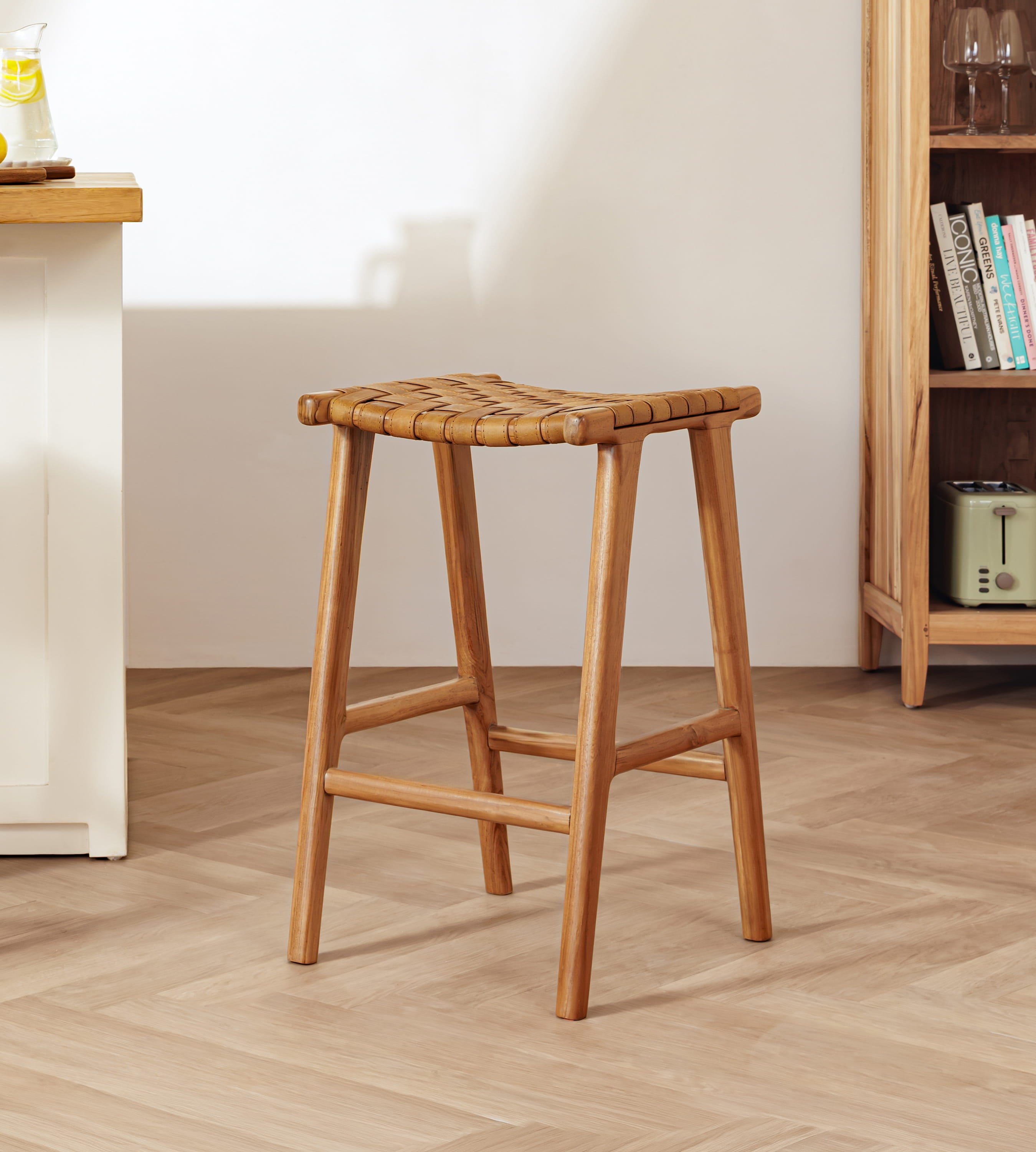 Senari Backless Teak & Leather Bar Stool