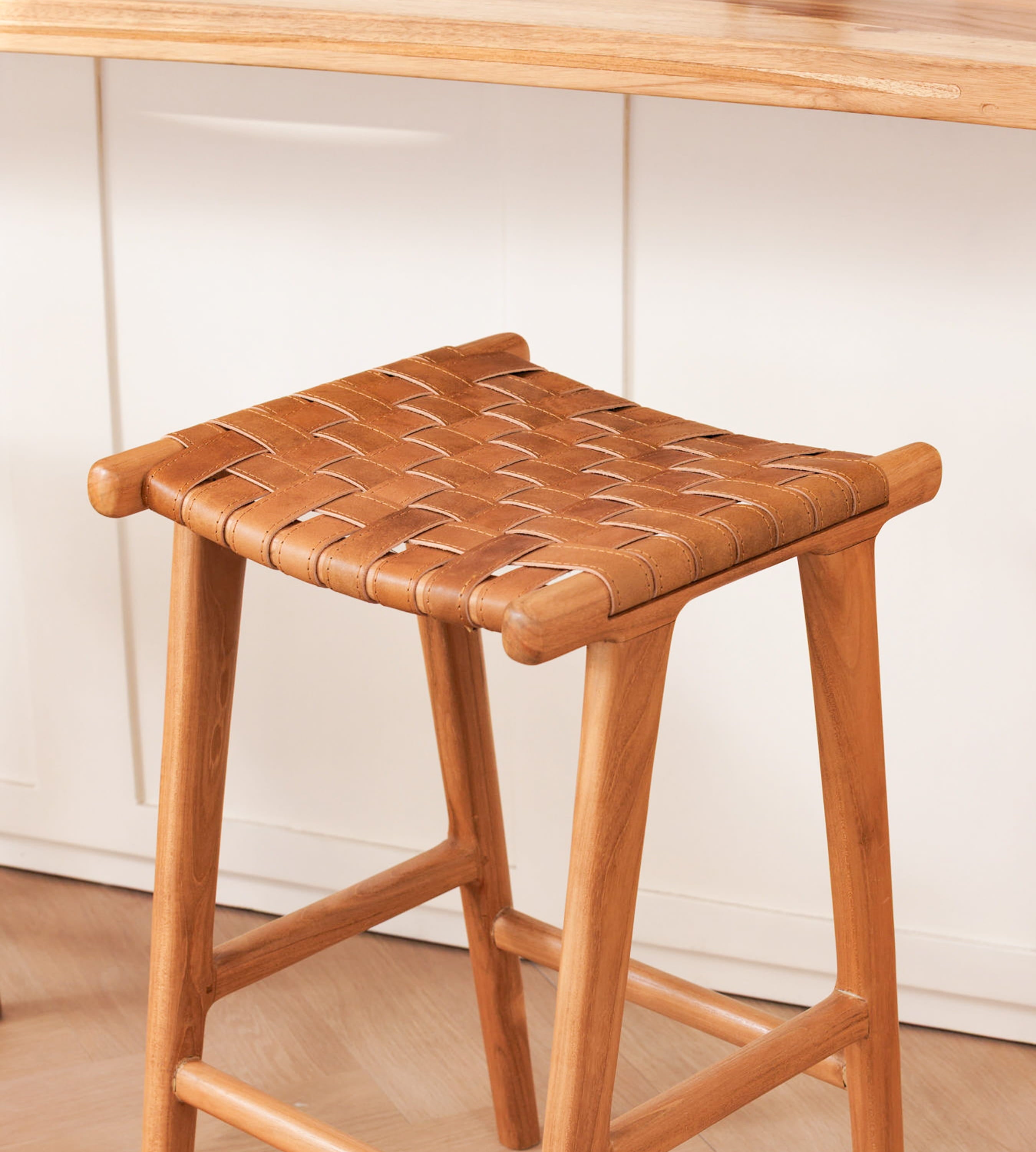 Senari Backless Teak & Leather Bar Stool