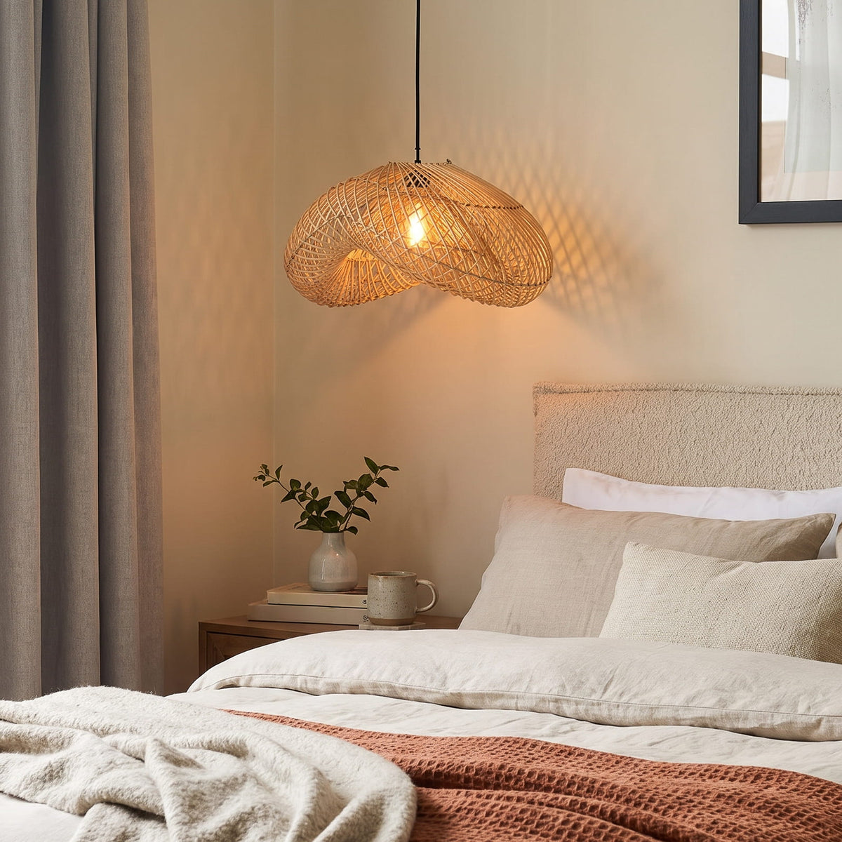 A woven rattan pendant light glowing with a warm bulb, hanging above a neatly made bed in a cozy, softly lit bedroom.