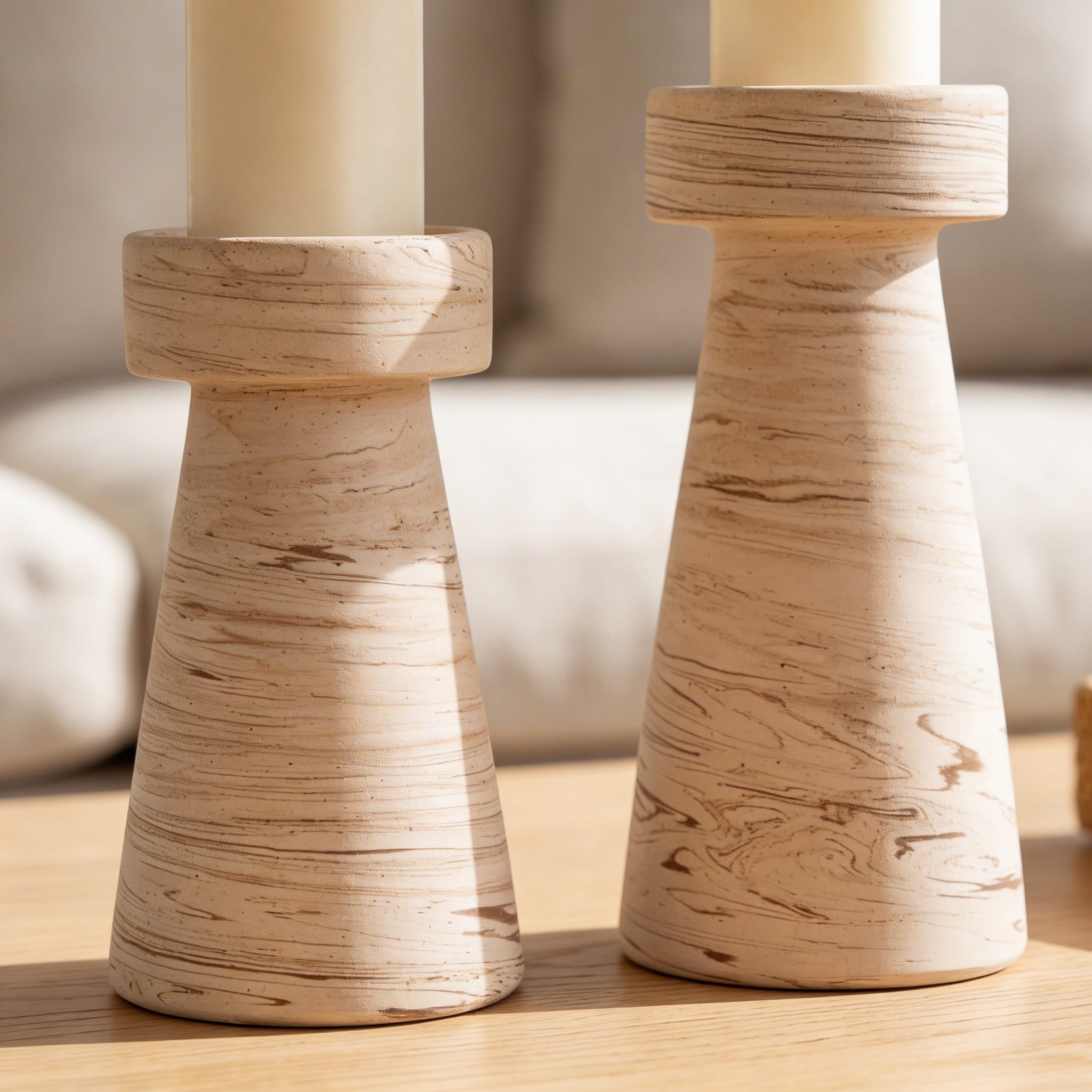 Two wooden candle holders on a wooden surface with a blurred background