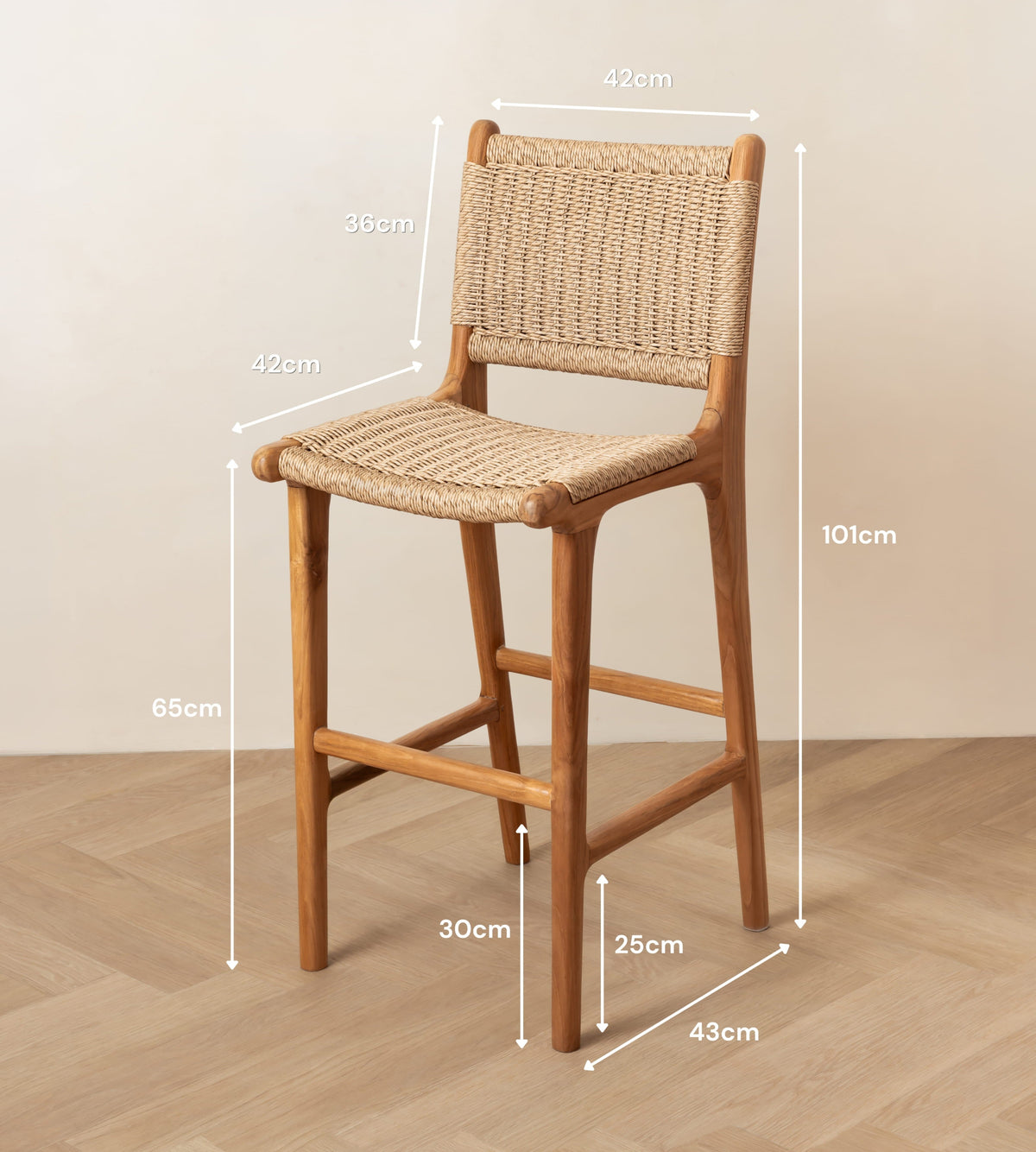 Zara Teak & Rattan Bar Stool (65cm Seat Height)