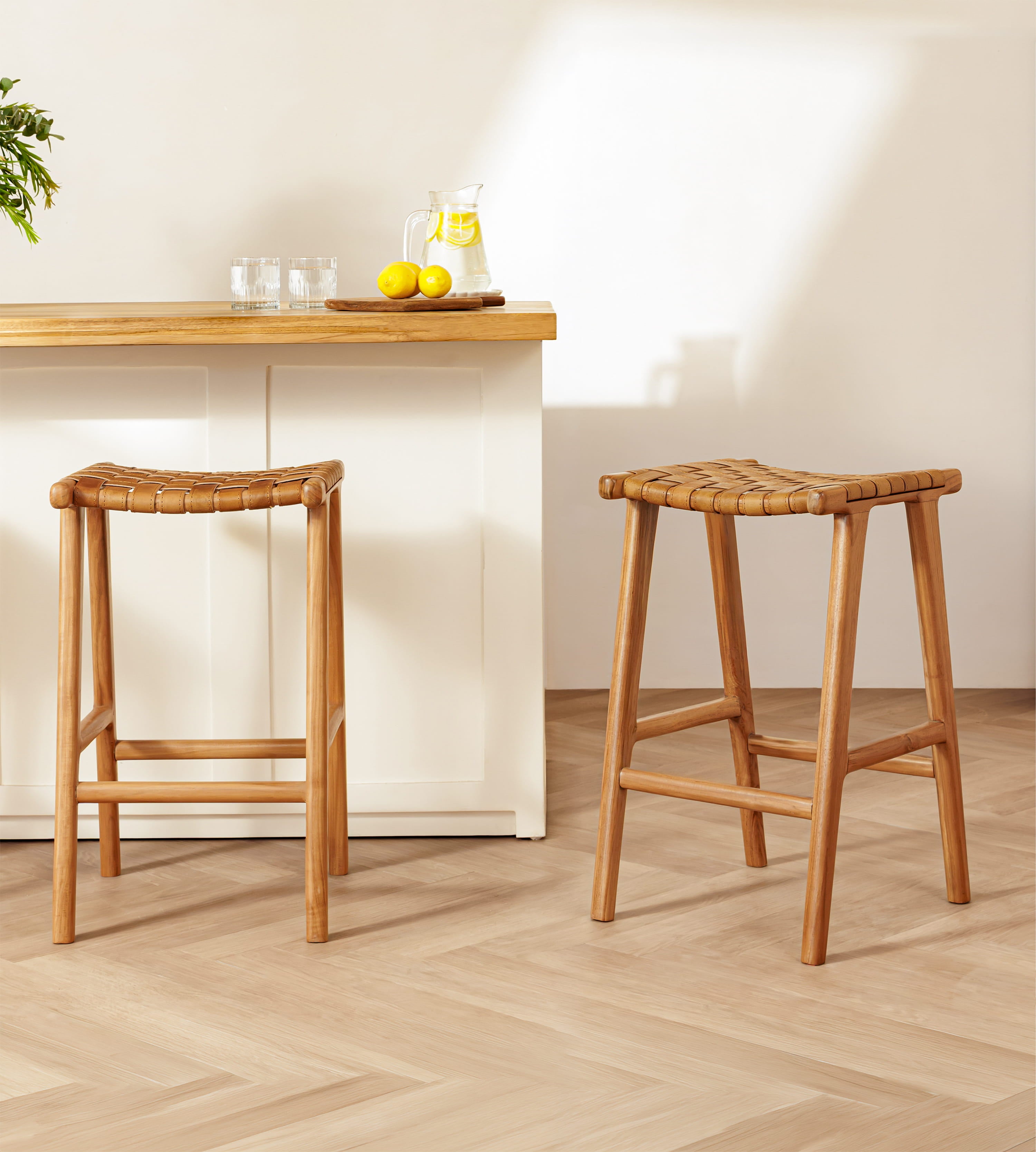 Senari Backless Teak & Leather Bar Stool