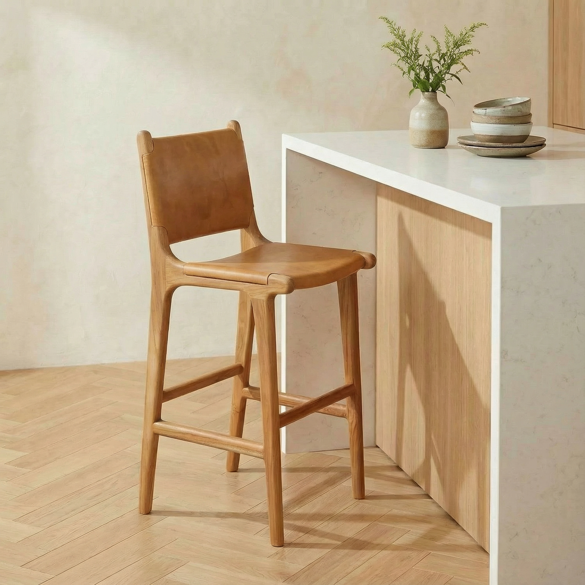 Zara Teak & Leather Bar Stool