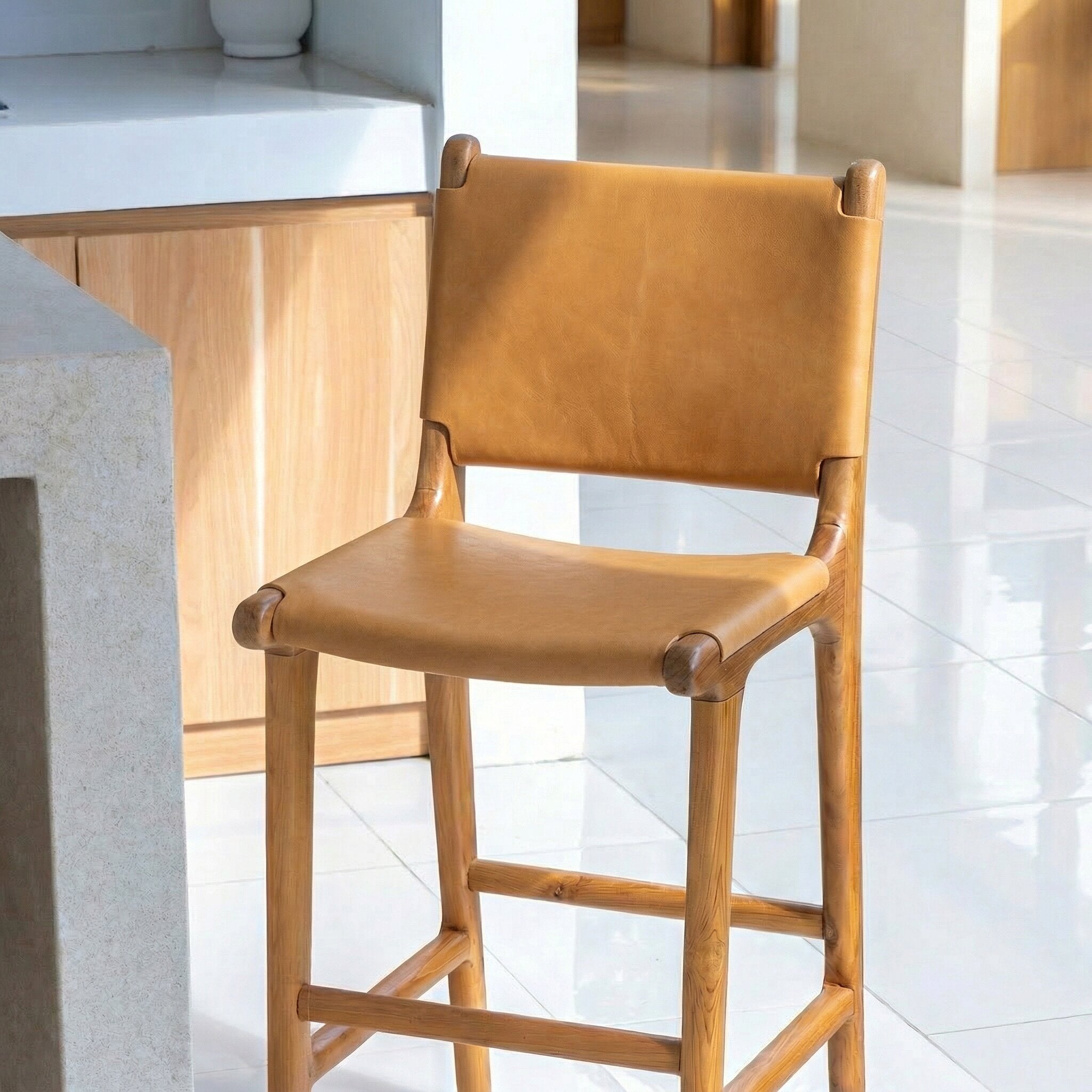 Zara Teak & Leather Bar Stool