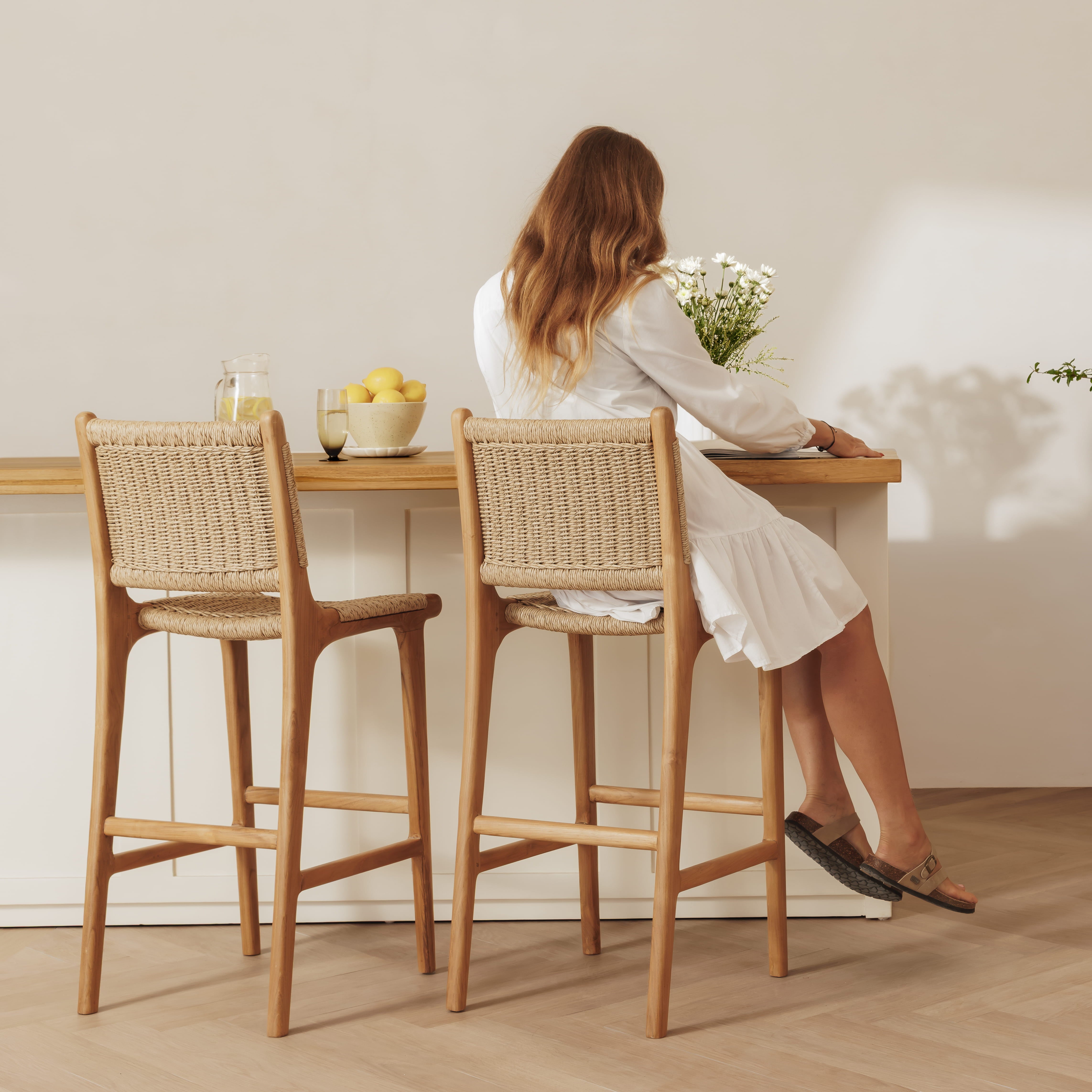 Zara Teak & Rattan Bar Stool (65cm Seat Height)