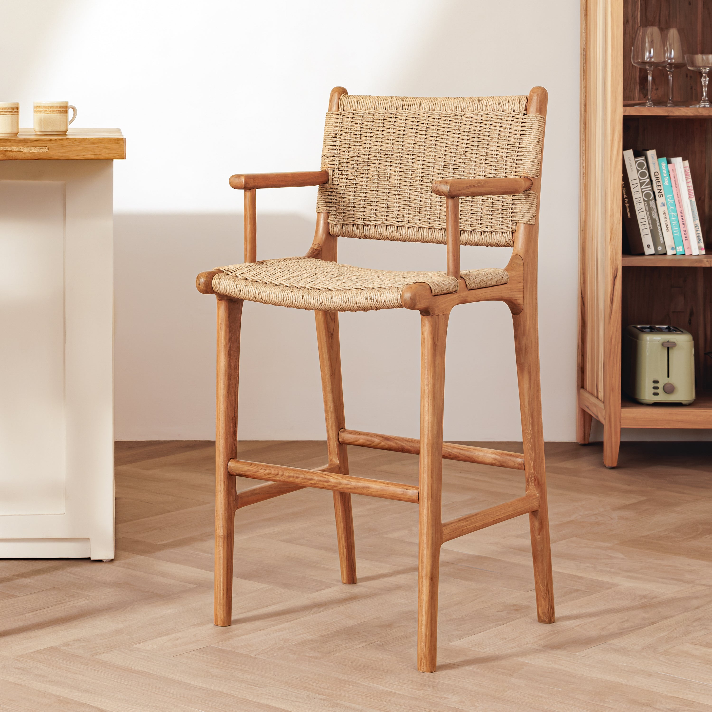 Zara Teak & Rattan Bar Stool (With Armrest)