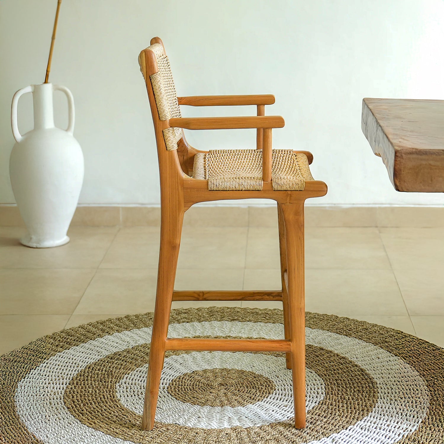 Zara Teak & Rattan Bar Stool With Armrest