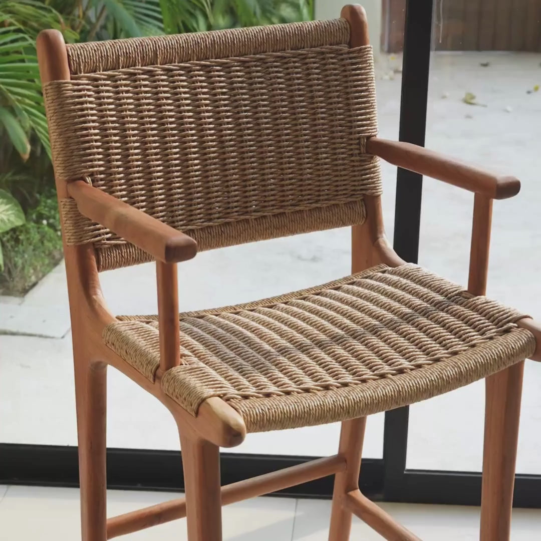 Load video: Zara Teak &amp; Rattan Bar Stool With Armrest