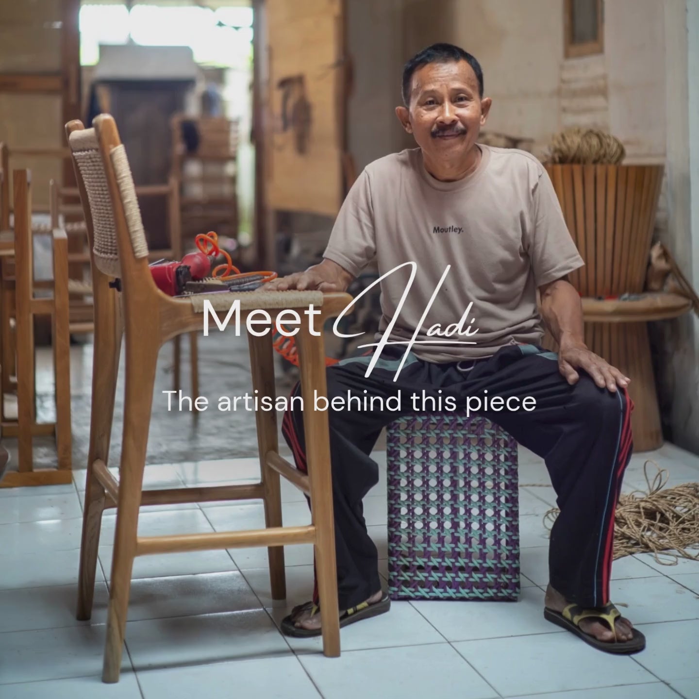 Load video: Senari Backless Teak &amp; Leather Bar Stool