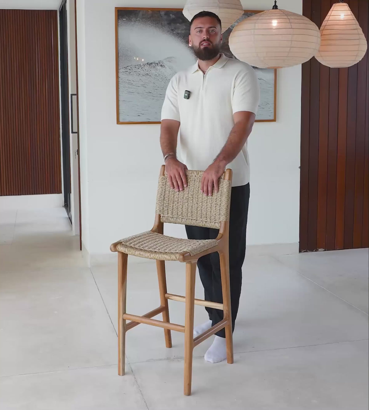 Load video: Zara Teak &amp; Rattan Bar Stool (65cm Seat Height)