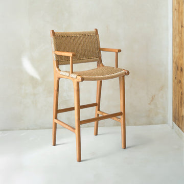 Zara Teak & Rattan Bar Stool With Armrest