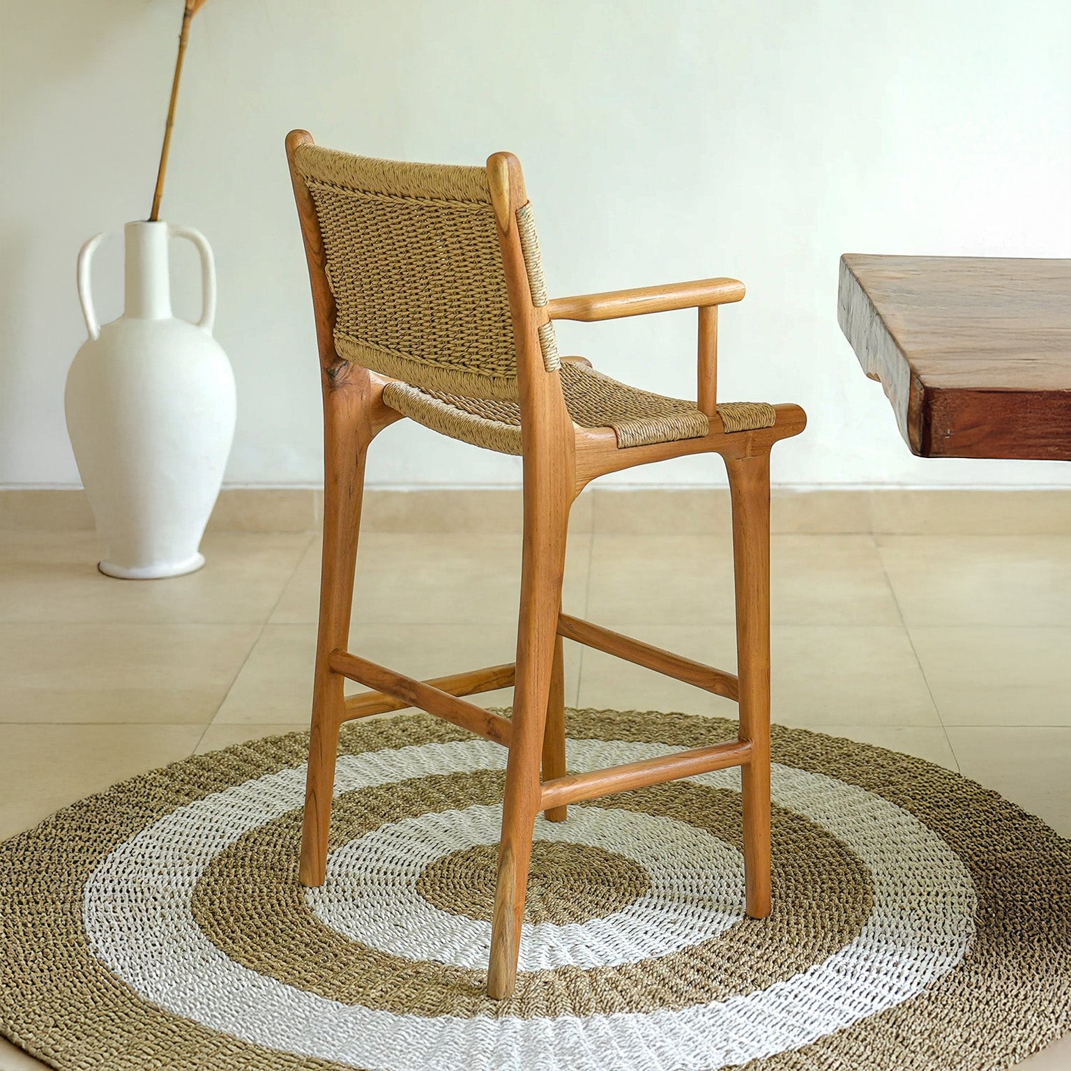 Zara Teak & Rattan Bar Stool With Armrest