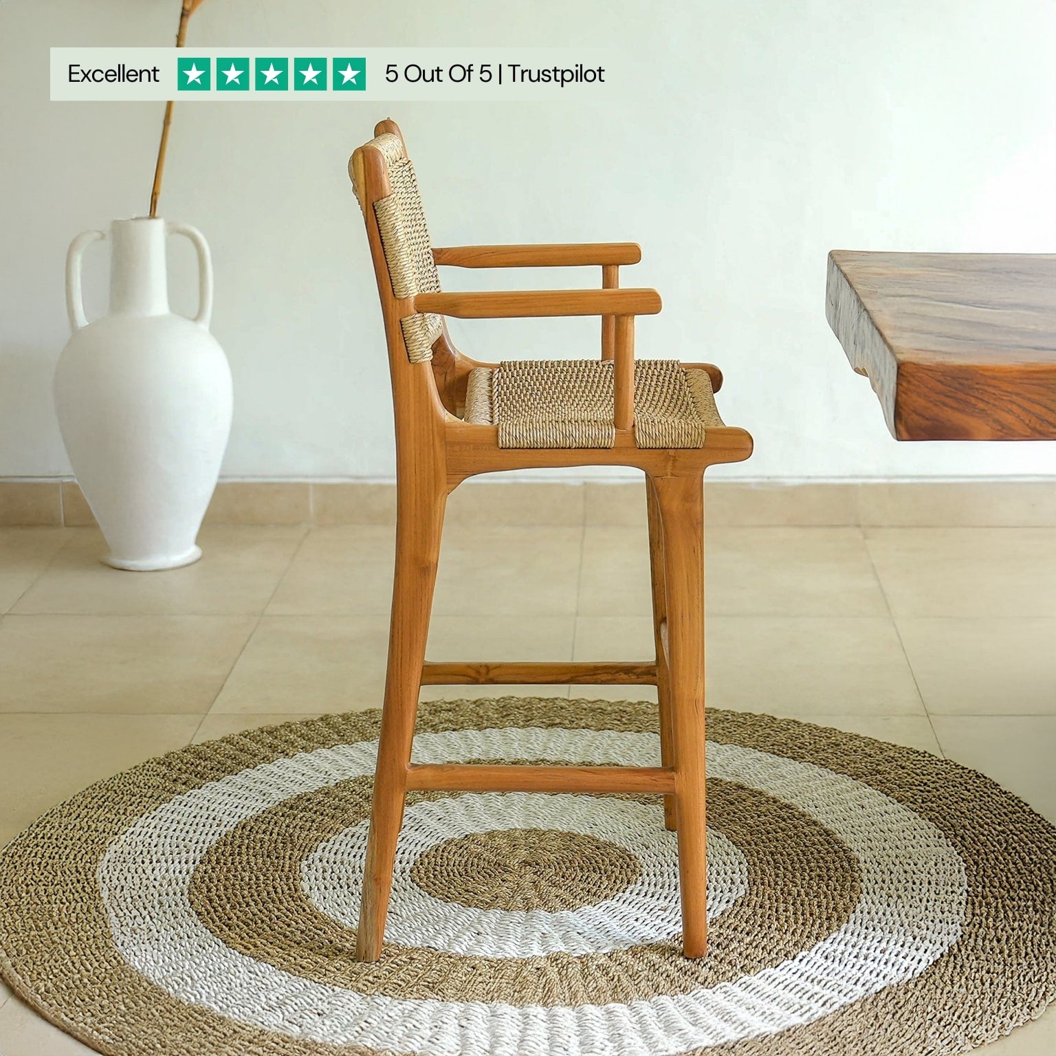Zara Teak & Rattan Bar Stool With Armrest